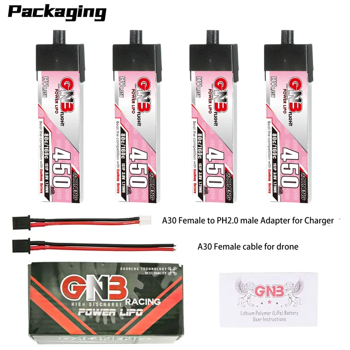 GNB LiHV 1S 3.8V 450mAh 80C A30 Plastic Head LiPo Battery